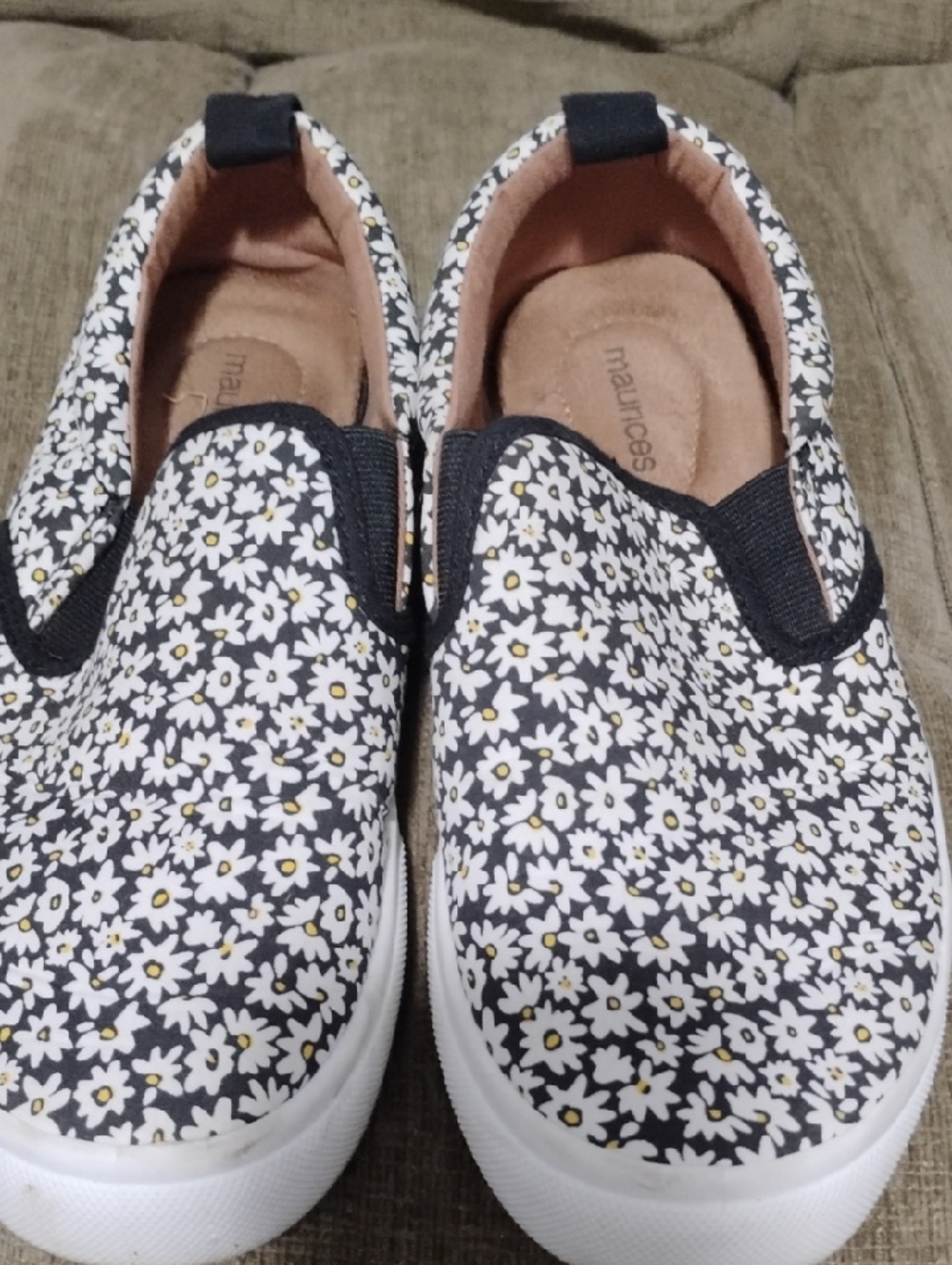 Maurices Black and White Floral Slip-On Sneakers with Yellow Accents